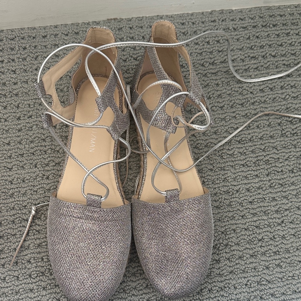 Stuart Weitzman Silver Lace-Up Flats